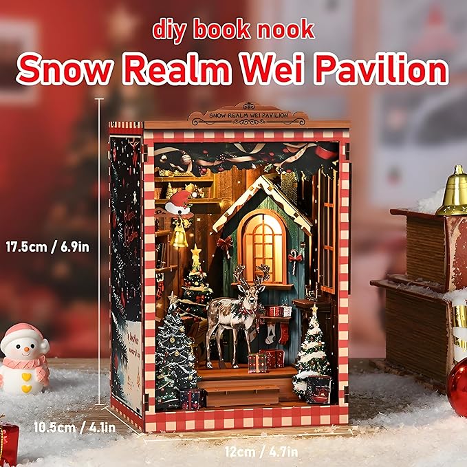 Miniature Christmas Book Nook Kits for Adults - DIY Tiny House 3D Wooden Puzzle Xmas Books,Beautiful Bookshelf Decoration for All Occasions(Christmas Snow Realm)