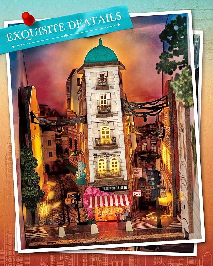 Rolife DIY Book Nook Kits Sunset Street Scene, Endless Stairs Bookshelf Decor 3D Wooden Puzzles for Adults, DIY Miniature House Model Building Kits, DIY Crafts/Birthday Gifts for Teens & Book Lovers
