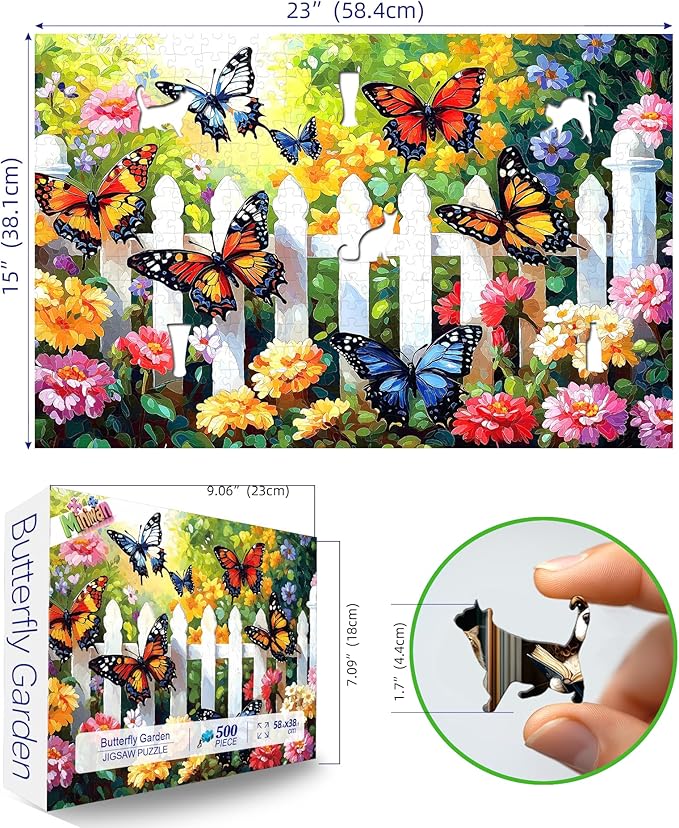 500 Piece Butterfly Garden Jigsaw Puzzle for Adults - 23x15 Inch Colorful Flower & Butterfly Art Puzzle, Unique Cool Puzzles for Home Decor