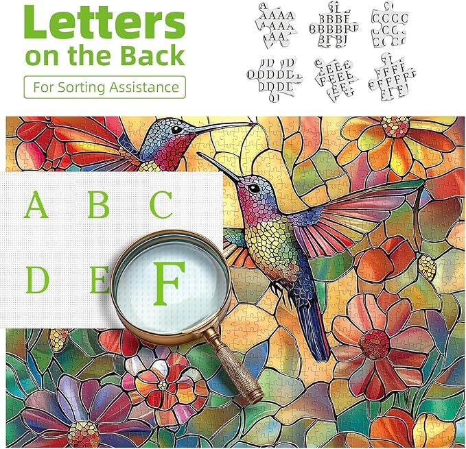 Stained Glass Flower Hummingbird Puzzles for Adults 500 Pieces - Colorful Mosaic Jigsaw Puzzle & Family Fun - Challenging & Unique with Letters on Back Puzzle- 20x20 Inches