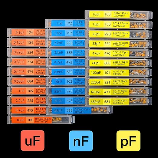 EEEEE 30 Value 900 pcs Multilayer Monolithic Ceramic Capacitor Assortment kit 10pf－10uF Individual Box Lid pf nf uf (900 pcs)