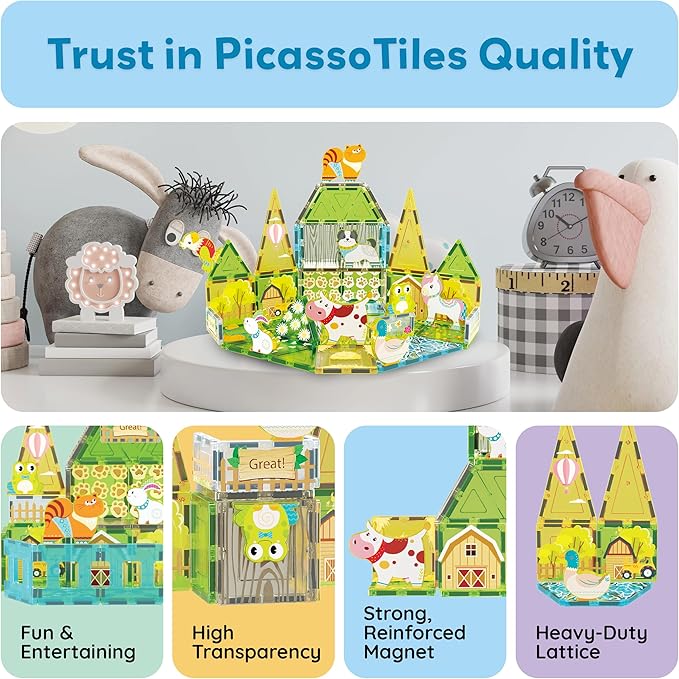 PicassoTiles 26pcs Magnetic Tiles Magnet Tile Building Blocks Printed Fall Farm Themed Animal Toy Set with 8 Farmyard Animals Character Action Figures STEM Learning Playset for Kids, Ages 3+ PTQ27