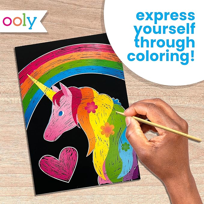 Ooly Scratch & Scribble 10pc Art Kit with 8 Total Scratch Cards (4 Illustrated, 2 Blank, 2 Rainbow) with Scratching Tool and Sparkled Stickers, Art Set Gifts for Kids - Unicorns