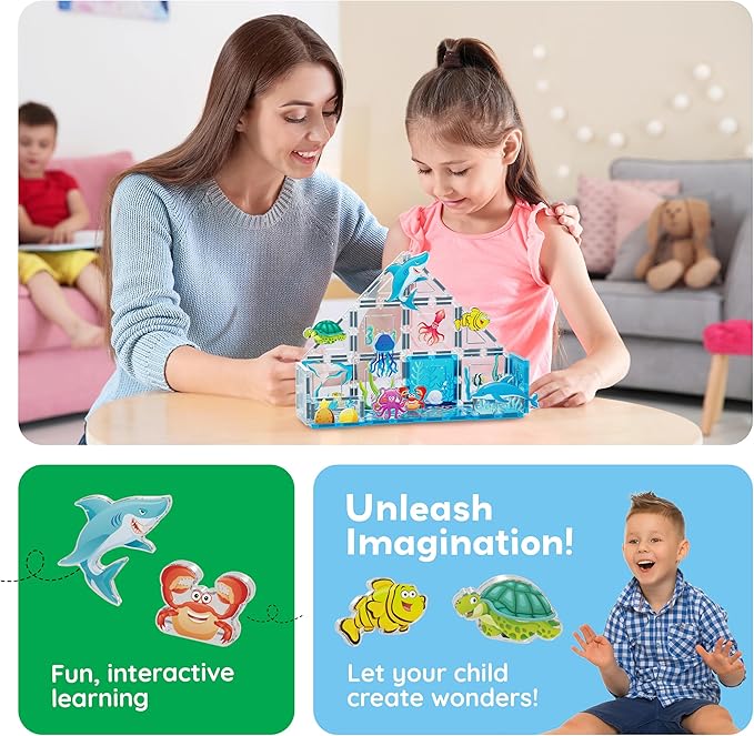 PicassoTiles 26pcs Magnetic Tiles Magnet Tile Building Blocks Marine Animal World Themed Set with 8 Ocean Character Action Figures STEM Learning Toy Construction Toddlers Boys Girls Ages 3+ PTQ25