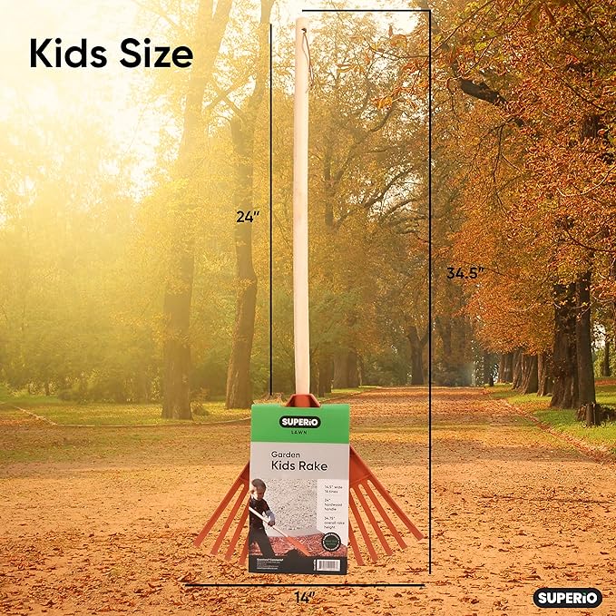 Kids Rake with Hardwood Handle, Durable Plastic Head to Sweep Leaves in Lawn and Tidying Up The Garden, 34" (Orange), 6 Pack