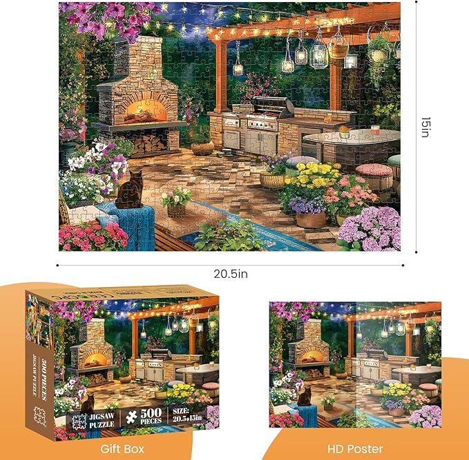 500 Piece Puzzles for Adults, Cozy Flowers Garden Patio with Fireplace Jigsaw Puzzle, Fun and Challenging Puzzle for Family Time, Relaxing Gift for Adults, Kids, Seniors, 20.5 x 15 in