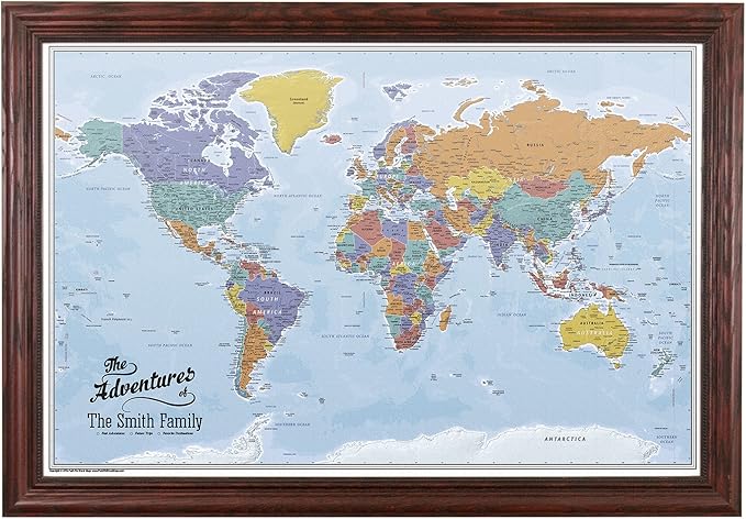 Canvas - Personalized Blue Oceans World Push Pin Travel Map with Solid Wood Cherry Red Frame