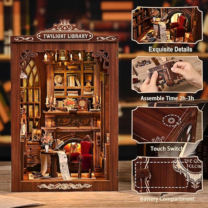 ISSEVE Book Nook Kit, DIY Miniature House Kit for Adults Teen Beginners, Dollhouse Mini Booknook Kits, Tiny House Bookshelf Decoration, 3D Wooden Puzzles Crafts Gifts (Twilight Library)