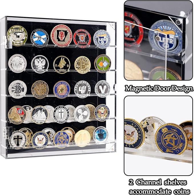 Coin Holder, Challenge Coin Display, Acrylic Military Coin Display Case with Removable Shelves and Magnetic Door, Fits 45 Military Medals Poker Chip Pins Badges, for Casino Poker Chips Collectibles