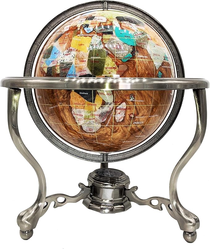 unique art since 1996 Limited Edition! unique art since 1996 Amber Pearl Swirl Table Top Gemstone World Globe with Tripod Silver Zinc Alloy Stand (220MM/9 INCHES/Amber Ocean)