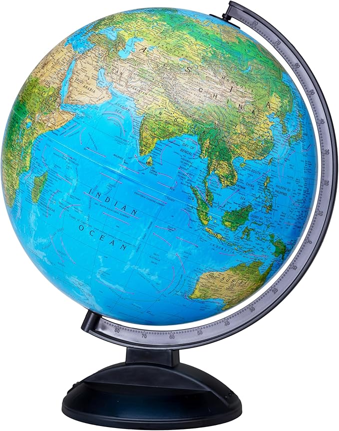 Replogle Ready to Assemble World 12" Diameter Globe, USA Cartography, Modern Acrylic Stand and Blue Ocean. Easy to assemble globe that shows Political borders and provincial borders, major ocean currents, detailed lakes, rivers, tributaries and canals.