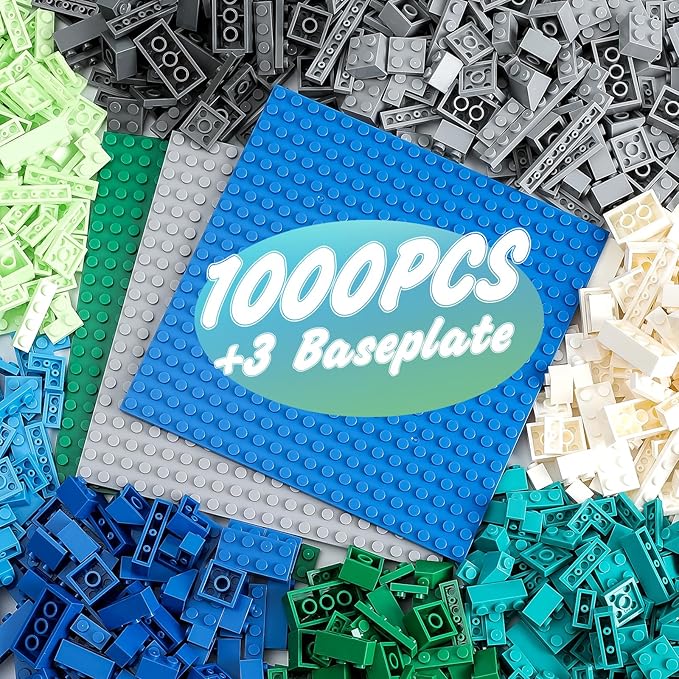 1000 Pieces Classic Building Bricks, Classic Stackable Base Plates, 3 6.3" x 6.3" Blue, Gray and Green Base Plates, Compatible with All Major Brands (Natural Colors)