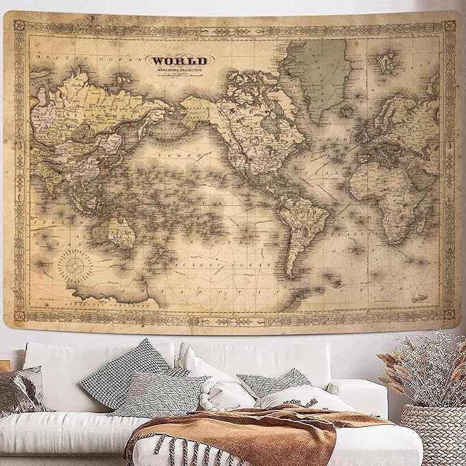 GOAOK Retro Vintage Map World Map Tapestry, 90"x70", Polyester, Wall Mount, Bedroom & Office