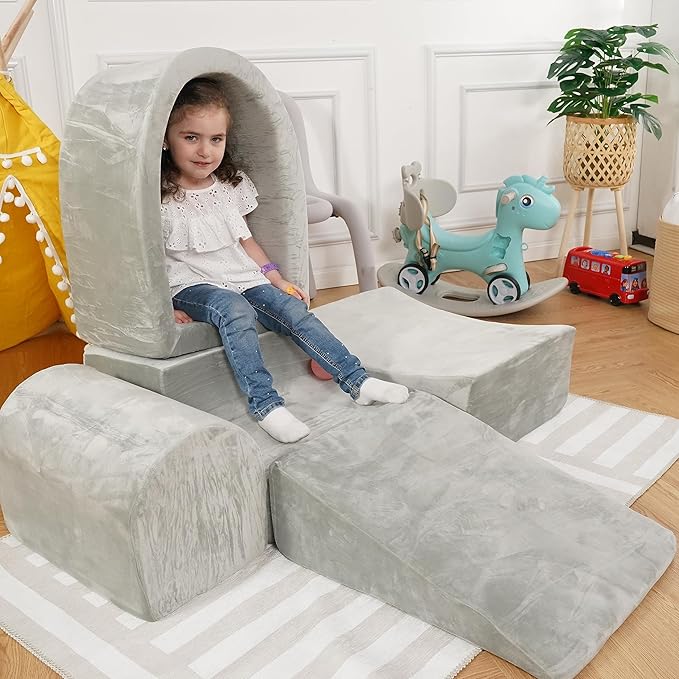 Foam Climbing Blocks for Toddlers – Indoor Soft Play Set for Babies - Velvet Cover & High-Density Memory Foam – Baby Climbing Blocks for Motor Skills - Climb and Crawl Activity Play Set for Kids -Gray