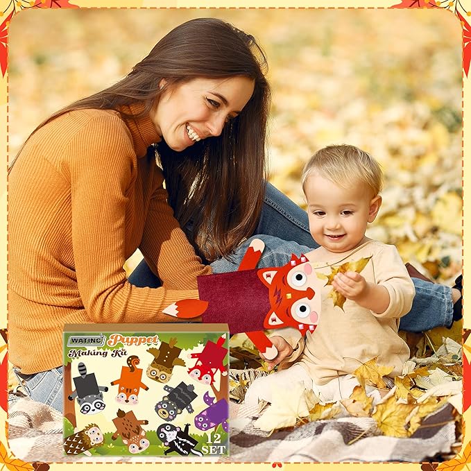 WATINC 12Pcs Hand Puppet Making Kit, Art Craft Felt Sock Puppet Toys, Creative DIY Make Your Own Pompoms Wiggle Googly Eyes Storytelling Role Play Party Supplies Gift for Girls Boys (Woodland Animals)