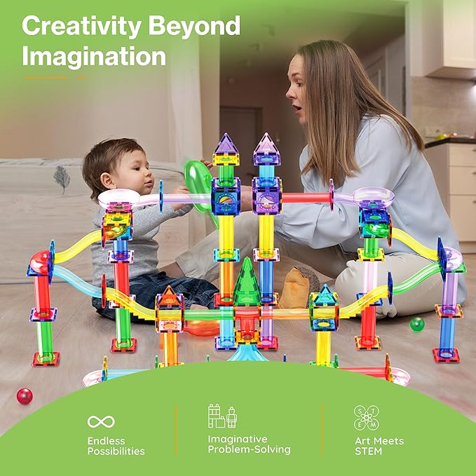 PicassoTiles 200pc Magnetic Marble Run Tiles Toy STEM Educational Race Track with Light Up Marbles Magnet Tile Building Blocks Maze Kit Sensory Pretend Play Toys for Toddlers Boys Girls Ages 3+ PTG200