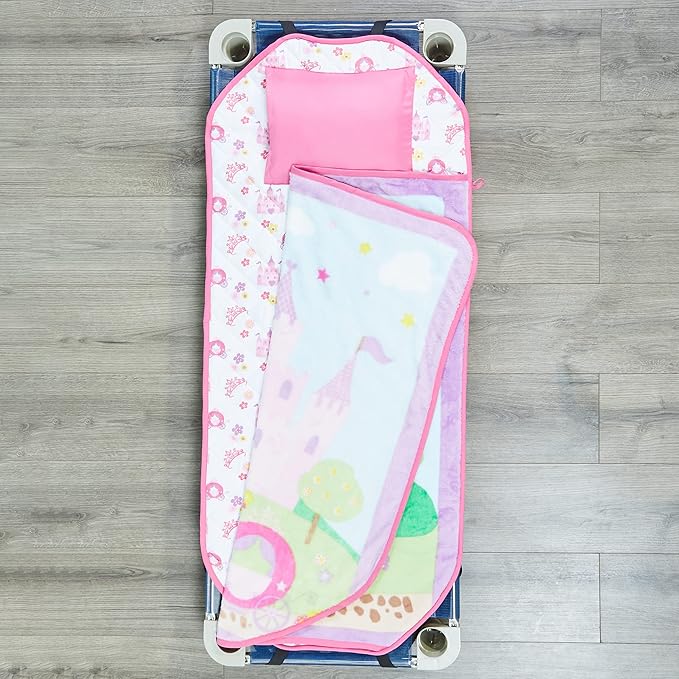 EVERYDAY KIDS Cute Preschooler and Toddler Cot Nap Mat for Home, Daycare, Preschool and Kindergarten; Easy to Roll Sleeping Mat with Elastic Straps, Pillow and Blanket