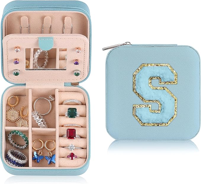 Parima Bridesmaid Gifts for Wedding Day, Bridesmaid Gifts for Women | Bridesmaid Proposal Gifts Unique Gifts | Wedding Travel Essentials Small Jewelry Box | Travel Jewelry Case - Letter S, Sky Blue