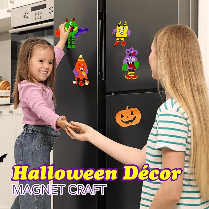 4E's Novelty Halloween Crafts for Kids (24 Pack) Bulk Silly Monster Crafts with Magnetic Foam Stickers, Make Your Own Monster Kit for Fall Halloween Classroom Party Activities