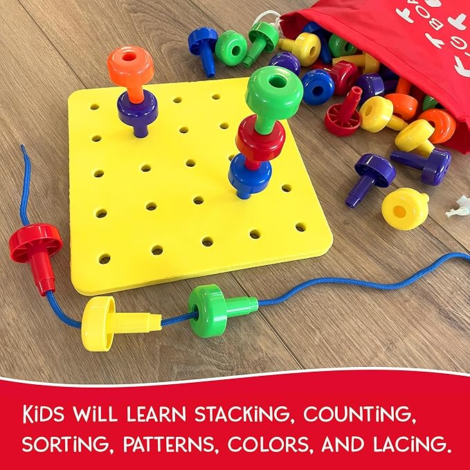 Foam Peg Board Toy - 36 Pegs, Foam Board, Lacing String, Storage Bag - Occupational Therapy Toys - Fine Motor Skills Toys for Toddlers and Kids (Yellow)