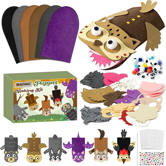WATINC 6Pcs Hand Puppet Making Kit, Art Craft Felt Sock Puppet Toys, Creative DIY Make Your Own Pompoms Wiggle Googly Eyes Storytelling Role Play Party Supplies Gift for Girls Boys (Woodland B)