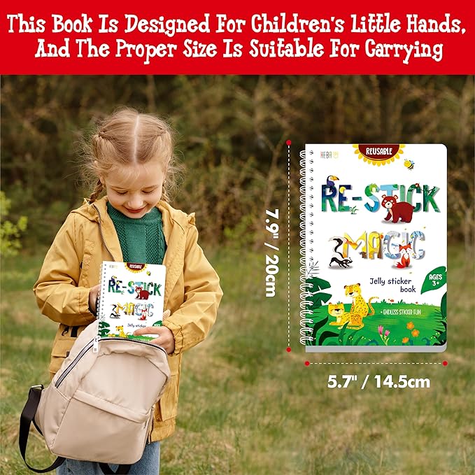 Reusable Jelly Sticker Book, 60 Wild Animals Thick Jelly Stickers Waterproof Gel Cling Decals Jungle Themed Busy Book Hands-on Activity Travel Game Educational Learning Toys for Toddlers, Kids