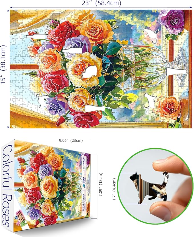 500-Piece Jigsaw Puzzle for Adults - Colorful Roses in Glass Vase, 23x15 Inch Challenging Puzzle, Floral Puzzle for Adults & Teens, Premium Thick Cardboard Pieces with Reference Poster