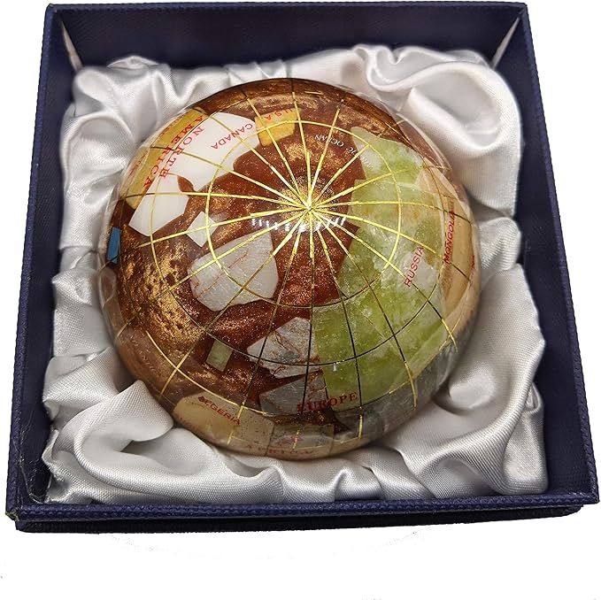 Unique Art 3-Inch amber Pearl Swirl Ocean Gemstone World Globe Paper Weight