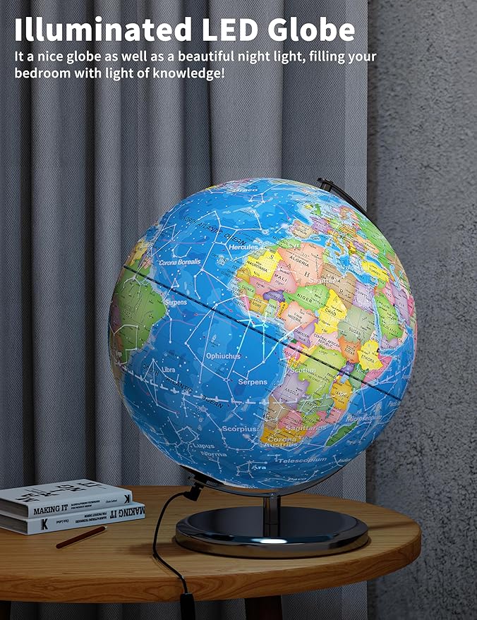 Orionstar 13" Large World Globe with Stand, Educational Globe for Kids Learning, Colorful HD World Map Details, Illuminated Globes Lamp with Stable Heavy Metal Base, Constellation