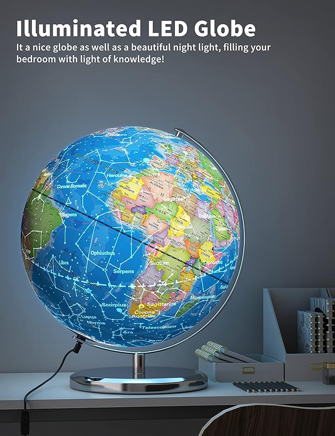 Illuminated World Globe with Stand, 13" Earth Globes with Stable Heavy Metal Base for Kids Classroom Learning, LED Constellation Globe Night Light with HD Printed Map