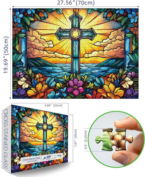 1000 Piece Stained Glass Cross Jigsaw Puzzle for Adults | Challenging & Colorful Cross Flower Pattern | Perfect for Game Nights & Gifts