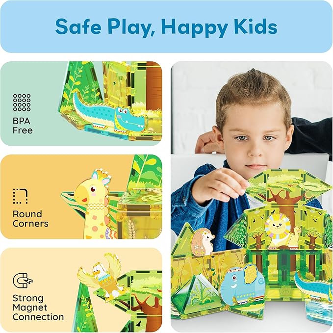 PicassoTiles Magnet Tile Building Block Safari Themed Set with 8 Compatible Magnetized Animal Action Figures Build Blocks Toddler Creativity Toys STEAM Educational Learning Skills Ages 3+ PTQ12