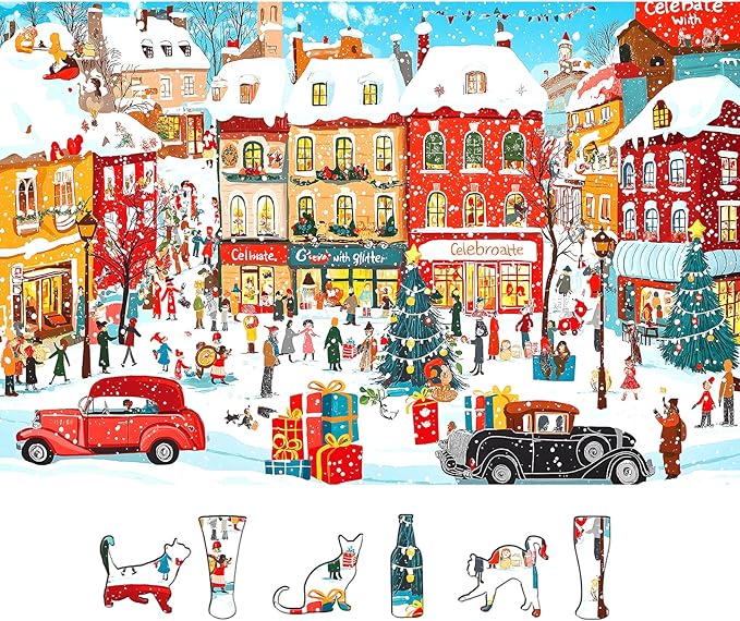 Vintage Christmas Town Jigsaw Puzzles for Adults 500 Pieces Winter Holiday Scene with Classic Cars, Festive Shoppers, Decorated Tree & Snowy Streets - Family Challenge Puzzle （23"x15"