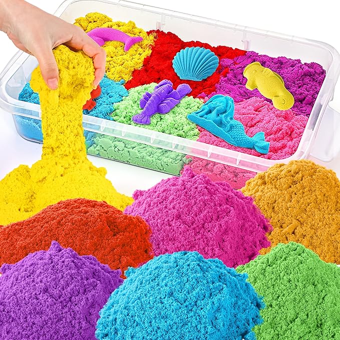 Play Sand with Sensory Bin Toy for Kids, 8 lb of 7 Colored Bulk Magic Sand with Sandbox for Toddlers, Sensory Sand Kit for Boys and Girls Age 3-8 (Transparent)