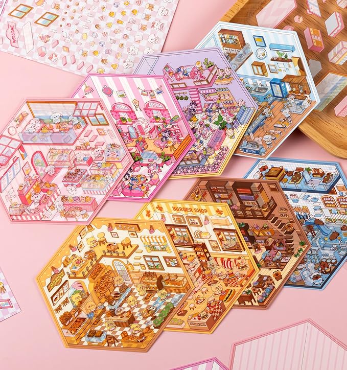 DIY 3D House Stickers, 8 Sets Fun DIY Stickers Scene Make Your Own Mini House Cute Cartoon Animal Scene Sticker for Kids Adult Sticker Art Relief Stress Pass The Time