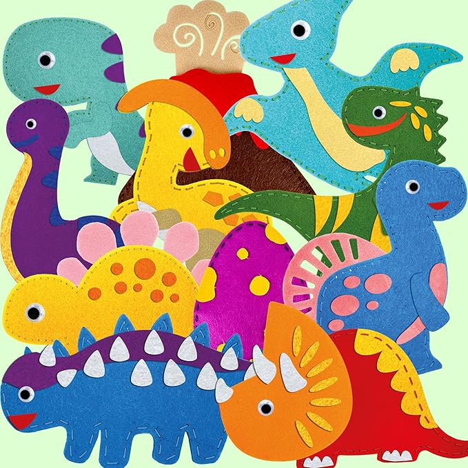 QUOKKA Kids Crafts Ages 7-9, DIY Beginner Needle and Thread Kit - 12 Wild Dino Sewing Kit Basic - Fun Arts Crafts for Kids Ages 7-9 Girls Boys - Plastic Needles, Scissors - 7+ Year Old Girl Gifts