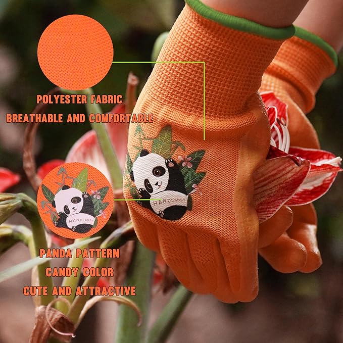 HANDLANDY 2 Pairs Kids Gardening Gloves, Toddler Children Garden Yard Work Outdoor Playing Gloves, Rubber Coating, for Girls Boys Youth (Size L, Orange)