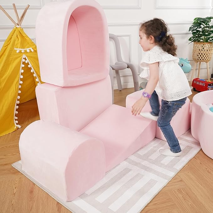 Foam Climbing Blocks for Toddlers & Babies – 5-Piece Soft Playset with High-Density Memory Foam & Velvet Cover – Indoor Climb and Crawl Activity Play Set for Motor Skills Imaginative Active Fun - Pink