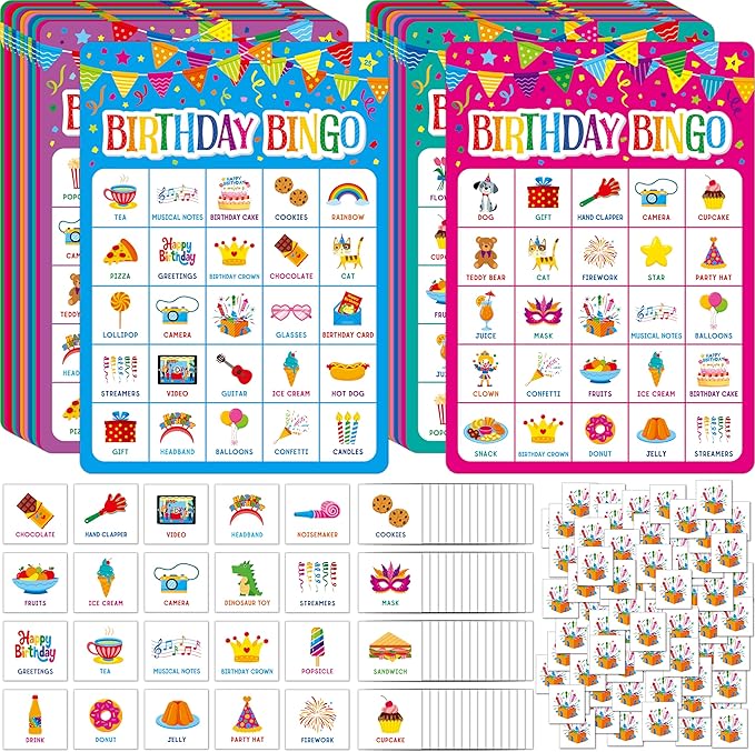 SpriteGru Birthday Bingo Game, 25PCS Bingo Board Card, 25 Players Birthday Party Game Set for Kids or Adults, Party Favor Decoration Supplies