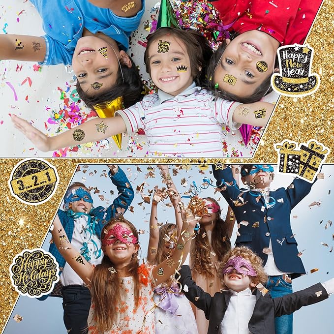 Landhoow 240 Pcs 2026 Happy New Year Tattoos Temporary Stickers Glitter New Year's Eve Face Tattoos Cool Body Sticker 2026 Themed Party Costume Accessory Tattoo Party Favor