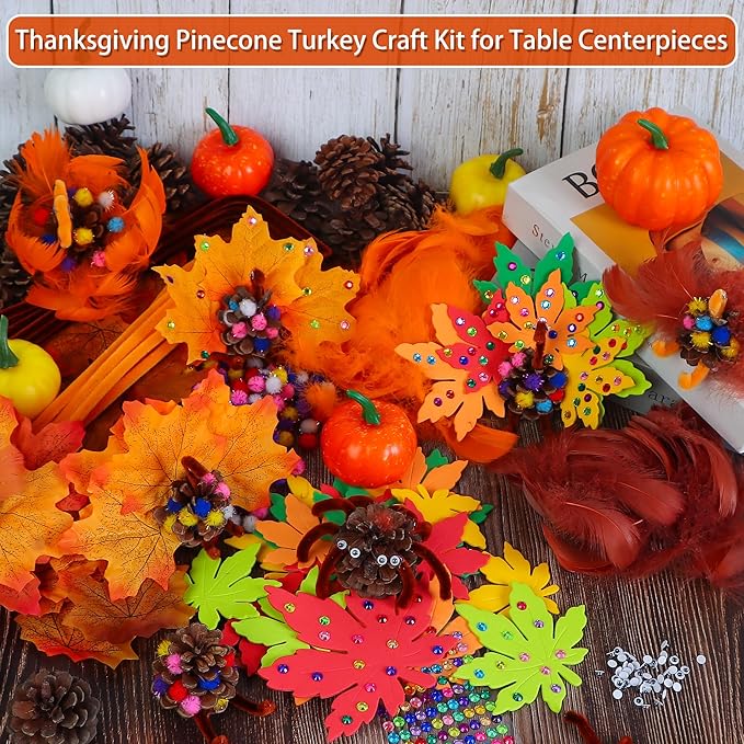 Tugaizi Thanksgiving Pinecone Turkey Craft Kit for Kids, 20 Sets Fall Autumn Turkey DIY Art and Craft Kit for Classroom Project Supplies Thankful Dinner Activity and Table Centerpiece Decorations
