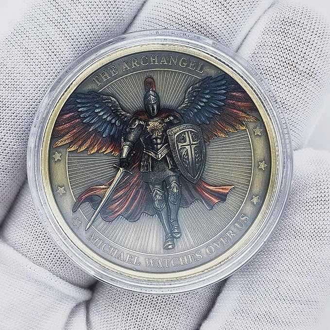 Archangel Michael Challenge Coin Religious Art Collectible with Inspirational Scripture Psalm 91:10 – 11 (Single Coin)