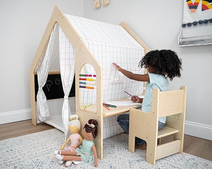 Avenlur Flair - 5 in 1 Indoor Playhouse with Desk Table, Chair, Chalkboard, Floor Cushion and Curtain Shades - Montessori and Waldorf Style for Ages 1 to 8 Years Old - (Large, Colorful Windowpane)