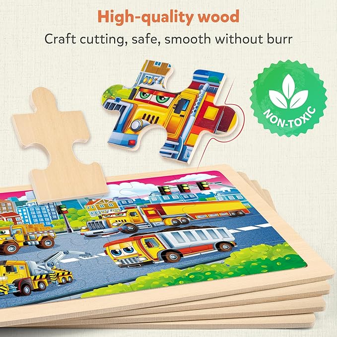 SYNARRY Large Wooden Construction Vehicle Puzzles for Toddlers 3-5, 24 Piece Monster Truck Puzzles for Kids Ages 4-6, Construction Toys for 3 4 Year Old, Kids Toys Gifts for 3 4 5 Year Old Boys Girls