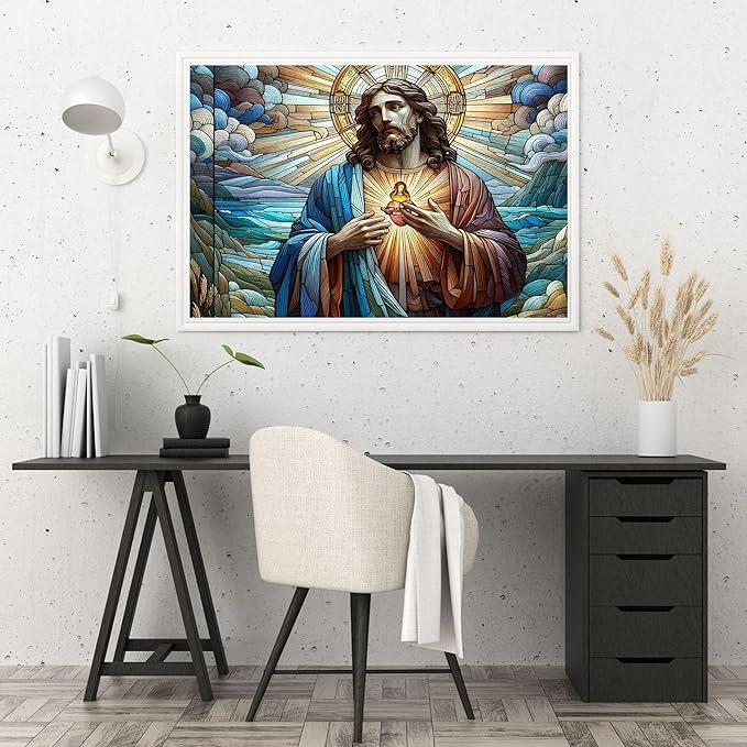 1000-piece Color Lines-Light Sacred Heart of Jesus Adult Wooden Puzzle, Intellectual Challenge, Stress-Relieving Puzzle, Relaxing Family Activity, Decoration, Size: 29.5 x 19.7 in