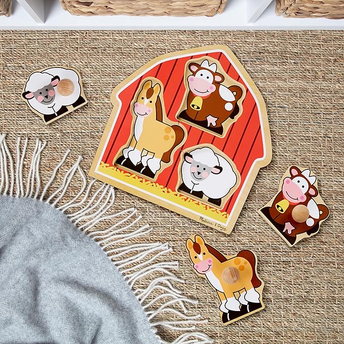 Melissa & Doug Barnyard Animals Jumbo Knob Puzzle, Wooden Peg Puzzle for Toddlers, Educational Toy for Shape Recognition and Fine Motor Skills, Ages 1+