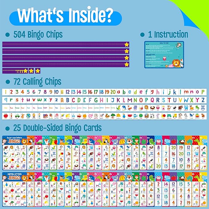 SpriteGru Alphabet & Numbers Bingo Game, Upper/Lowercase Letters, 52 First Words & 20 Numbers Learning- ABC and 123 Bingo Board Game for Kids 4-8, Perfect for Classroom & at Home (Up to 25 Players)