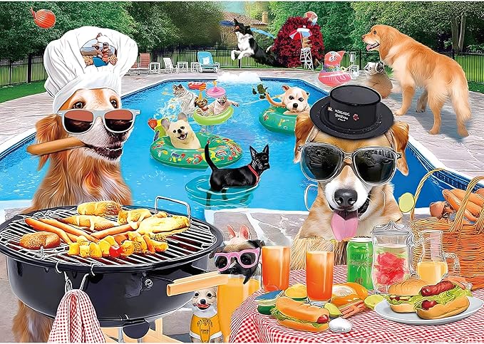 Dog Pool Party Puzzle for Adults 500 Piece Summer Funny Animal BBQ Jigsaw Puzzles with Letters on Back Unique Fun Family ChallengingPuzzles for Seniors Family (23"x15")