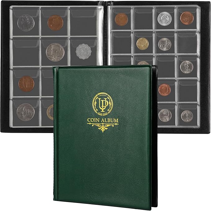 160 Pockets Coin Album - 10 Sheets Mixed Sizes Coin Holder 45x43/33x33 mm Collecting Grid for Pounds Pence Cents (Green) CS48160GR