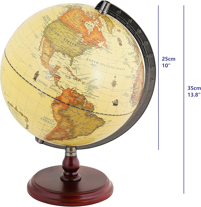 ANNOVA Antique Globe 10" / 25 cm Diameter with A Wood Base, Vintage Decorative Political Desktop World - Rotating Full Earth Geography Educational - Kids, Adults, School, Home, Office (Dia 10-inch)